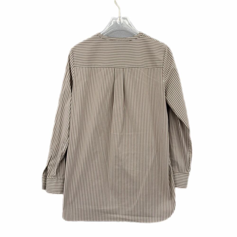 Theory Beige & White Vertical Striped Half Button Down Round Neck Cotton Blouse - Picture 9 of 12
